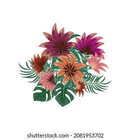 Vector tropical bouquet of palm tree leaves and  flowers isolated on white background. Hawaiian style for invitation, wedding or greeting cards.