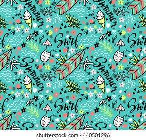 Vector tropical bright  seamless pattern with surfboard, cocktail, ice cream, floral elements and stylish lettering.