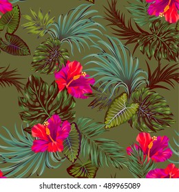 patrón de camuflaje tropical vectorial. Fondo y plantas caqui, hermosas flores. hibisco rojo con palmas.