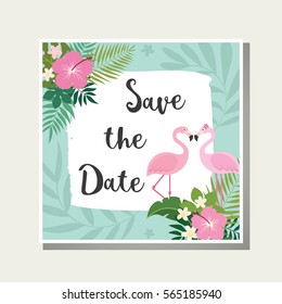 Vector tropical card. Cute cartoon "Save the Date" card with tropical leaves, flowers