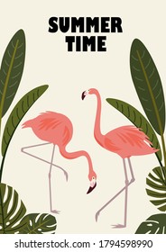 Vector tropical card with flamings and tropical plants. Beautiful vector illustration.