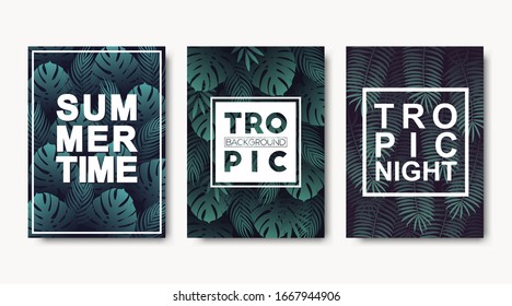 Vector tropical cards collection with monstera and palm leaves