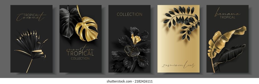 Vector tropical cards set with gold leaves on black background. Luxury exotic botanical design for cosmetics, wedding invitation, summer banner, spa, perfume, beauty, travel, packaging design