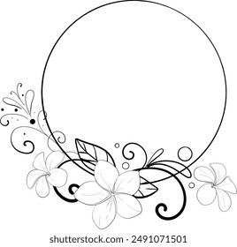 Vector tropical circle frame with plumerias. Freehand frangipane drawing, design doodle element. Black circuit silhouette