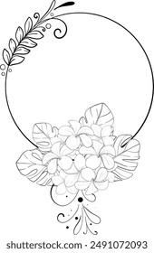 Vector tropical circle frame with plumerias flowersand leaves. Freehand drawing, design doodle element. Black circuit silhouette