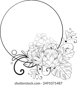 Vector tropical circle frame with proteas, leaves, and plumerias. Freehand drawing, design doodle element. Black circuit silhouette