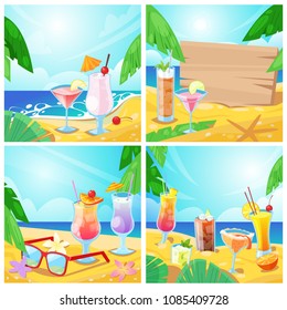 Vector tropical cocktails and beach bar concept. Set of summer illustration and backgrounds. Alcohol beverages and wooden board with place for text on sand.