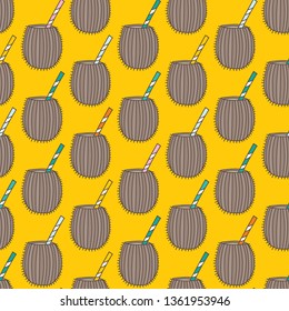 Vector tropical coconut drink with stripey straws seamless repeat pattern background. Perfect for fabric, quilting, scrapbooking, wallpaper, home decor and other creative projects.