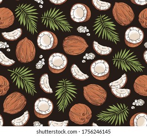 Vector tropical coconut seamless pattern. Endless tropical palm leaves and coconuts texture in hand-drawn style on chocolate background. Stylish summer  beach fabric design.