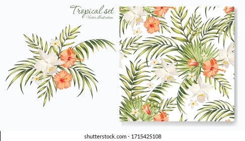 Vector tropical collection. Botanical seamless pattern with exotic leaves and jungle flowers.Bouquet of flowers with palm leaves. template for textile design.