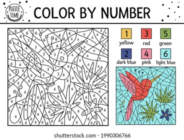 Vector Tropical Color By Number Activity With Paradise Bird, Palm Tree Leaves And Flower. Summer Coloring And Counting Game With Cute Animal. Funny Exotic Coloration Page For Kids. 


