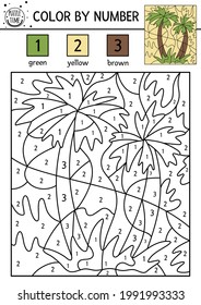 Vector tropical color by number activity with palm tree. Summer coloring and counting game with cute exotic. Funny jungle coloration page or printable worksheet for kids. 
