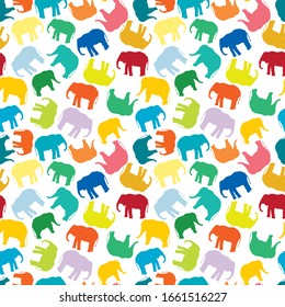 Vector tropical  colorful elephants, seamless repeat pattern on white background. Use for textile design, fashion prints, papers and print on demand products.
