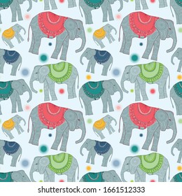 Vector tropical colorful playful elephants, seamless repeat pattern on white background. Use for textile design, fashion prints, papers and print on demand products.