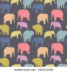 
Vector tropical colorful playful elephants, seamless repeat pattern on graphite grey background. Use for textile design, fashion prints, papers and print on demand products.