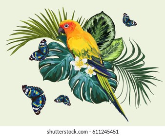 Vector tropical  composition with exotic leaves, flowers, parrot, butterflies. Isolated on white background, bohemian decoration bouquet, boho style for greeting card, wedding