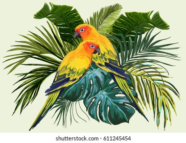 Vector tropical  composition with exotic leaves,  parrots. Isolated on white background, botanical decoration bouquet, boho style for greeting card, wedding