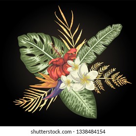 Vector tropical composition of hibiscus, plumeria, and strelitzia flowers with golden textured leaves  isolated on white background. Bright realistic watercolor style exotic design elements