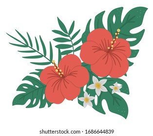 Vector tropical composition with red hibiscus, monstera, palm leaves and white flowers isolated on white background. Bright flat style exotic design element. Summer floral clip art