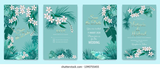 Vector tropical cover set in green colors for brochure template, poster, wedding invitation or card design