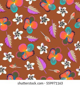 Vector tropical design with hibiscus, leaves and buds on a brown background. Exotic multicolor flowers in allover composition. Multicolor pattern for summer fashion, interior, wallpaper.