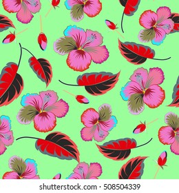 Vector tropical design with hibiscus on green background. Exotic flowers in allover composition. Multicolor pattern for summer fashion, interior, wallpaper.