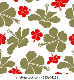 Vector tropical design with hibiscus on a white background in neutral and red colors. Exotic flowers in allover composition. Pattern for summer fashion, interior, wallpaper.