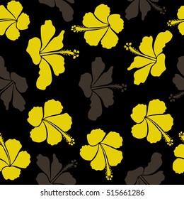 Vector tropical design with hibiscus on a black background in brown and yellow colors. Exotic flowers in allover composition. Pattern for summer fashion, interior, wallpaper.