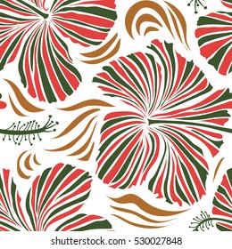 Vector tropical design with hibiscus on a white background in pink and green colors. Exotic flowers in allover composition. Pattern for summer fashion, interior, wallpaper.