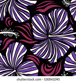 Vector tropical design with hibiscus on a black background in white and violet colors. Exotic flowers in allover composition. Pattern for summer fashion, interior, wallpaper.