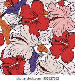 Vector tropical design with hibiscus on a white background in violet and orange colors. Exotic flowers in allover composition. Pattern for summer fashion, interior, wallpaper.