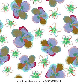 Vector tropical design with plumeria and hibiscus on white background. Exotic flowers in allover composition. Multicolor pattern for summer fashion, interior, wallpaper.