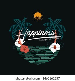 Vector tropical elements. Summer beach plam trees, sun, hibiscus flowers, and line wave in illustrations .Design For t-shirt , fashion,fabric,web,wallpaper,wrapping,and all prints on black 