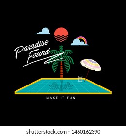 Vector tropical elements. Summer beach plam trees, pool , umbrella ,sky ,and rain bow in illustrations .Design For t-shirt , fashion,fabric,web,wallpaper,wrapping,and all prints on black background