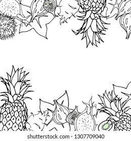 Vector tropical exotic fruits made in black outline on a white background.