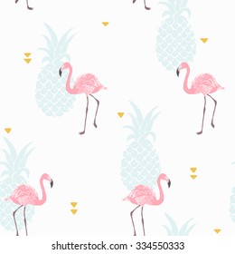 Vector tropical exotic seamless pattern with flamingo and pineapple in nursery light pastel colors