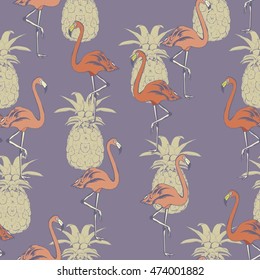 Vector tropical exotic seamless pattern with flamingo and pineapple
