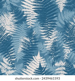 Vector Tropical Fern Leaf Seamless Pattern. Blue Floral Background Fern Leaves.