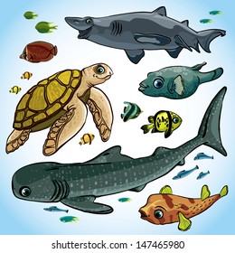Vector tropical fish set on a blue background