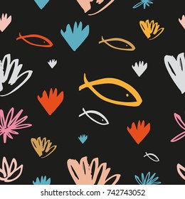 Vector tropical fishes pattern. Wallpaper, background, print, elements for design.