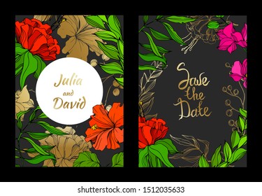 Vector Tropical floral botanical flower. Engraved ink art. Wedding background card floral decorative border. Thank you, rsvp, invitation elegant card illustration graphic set banner.