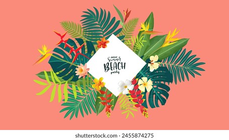 Vector tropical floral card, Hawaiian touch. Lush summer design, hibiscus, plumeria on peach color backdrop. Summer beach party illustration, greenery frame. Vacation parties modern template 