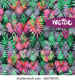 Vector tropical floral and leafs on a geometric stripes pattern background. Colorful green palm leaves on a rhombus ornament. 
