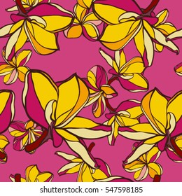 Vector Tropical floral seamless frangipani pattern. Blossom random allover flowers plumeria trendy color for swimwear.
