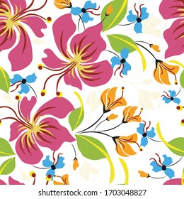 Vector tropical floral seamless pattern. Elegant background with hibiscus flowers, leaves, jungle plants, hand drawn elements. Abstract exotic botanical ornament in bright color. Wallpapers design