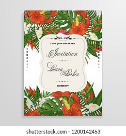 Vector tropical flovers and leaves background with palm branch,monstera leaf ,hibiscus.Template with tropical flovers design