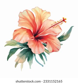 Vector tropical flower with green leaves. Watercolor flower. Green foliage, wild floral. 