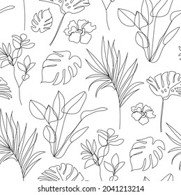 Vector tropical, flower linear seamless background, plants with leaves, ornament, pattern with black single contour line on white background in hand drawn style. Monoline, continuous line