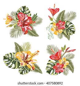 Vector Tropical Flower. Set Tropical Flower and Leaves (Hibiscus, palm leaves, monstera leaves and others). Ideally for design banners, posters, wallpaper, fashion pattern, of advertising and etc.