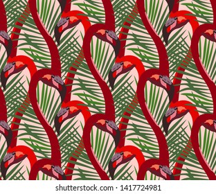 Vector tropical flowers and flamingo pattern. Wallpaper or fabric design vector illustration 